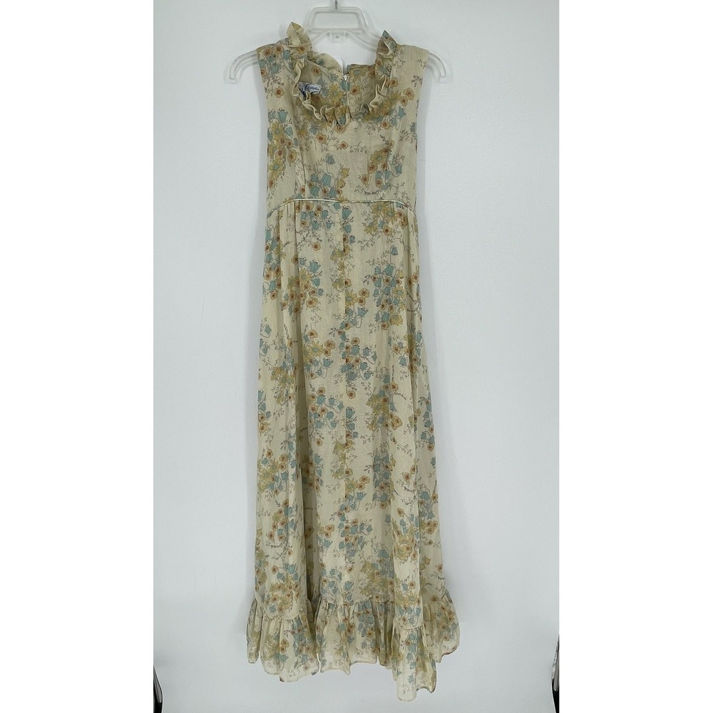 Vintage Christopher Lee Women's Cream Floral Ruffle Maxi Dress Size Approx. XS